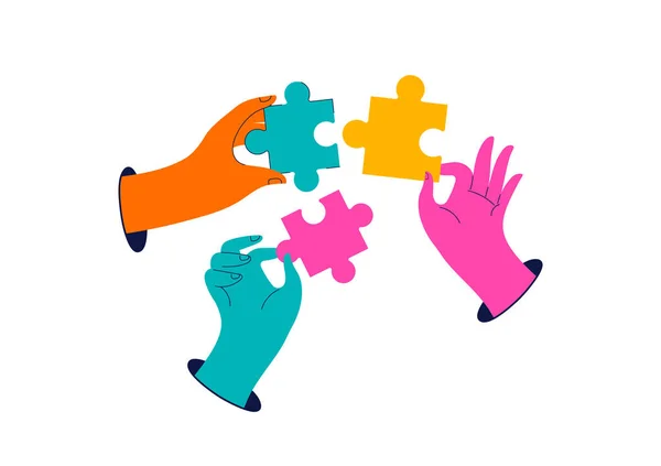 Kolekcja Kolorowe Ręce Trzymając Jigsaws Wspólne Rozwiązywanie Problemów Media Społecznościowe — Wektor stockowy