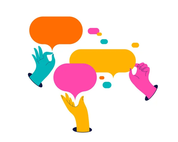 Konuşma Baloncukları Tutan Renkli Eller Koleksiyonu Dünyası Sosyal Medya Iletişim — Stok Vektör