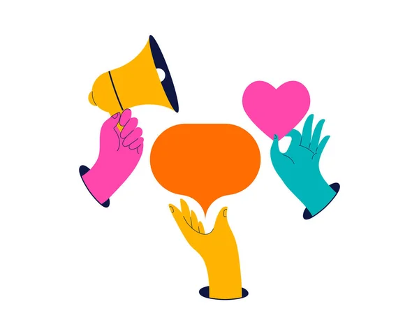 Renkli Eller Megafon Konuşma Balonu Kalp Koleksiyonu Dünyası Sosyal Medya — Stok Vektör
