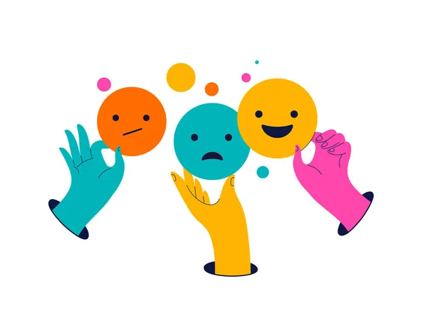 Συλλογή Από Πολύχρωμα Χέρια Κρατώντας Emojis Ανατροφοδότηση Μέσα Κοινωνικής Δικτύωσης — Διανυσματικό Αρχείο
