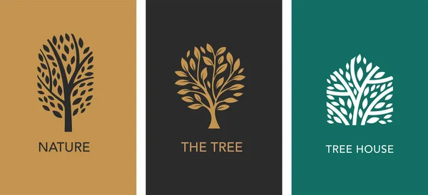 ツリーロゴコレクション 豪華なロゴテンプレート 緑の家 自然コンセプトを持つライフブランチの木 ベクターイラスト — ストックベクタ