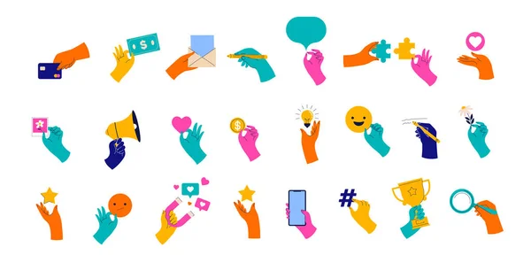 收集五彩缤纷的手拿着东西 社交媒体图标 交流和反馈符号 不同的手势病媒孤立的说明 — 图库矢量图片