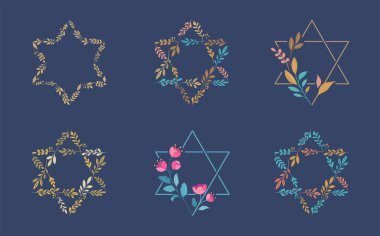 Jewish symbol. Star of David with leaves, flowers collection. Bat and Bar Mitzvah concept design. Vector illustrations clipart