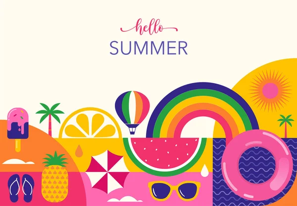 Kolorowe Geometryczne Letnie Tło Plakat Baner Summer Time Zabawa Koncepcja — Wektor stockowy