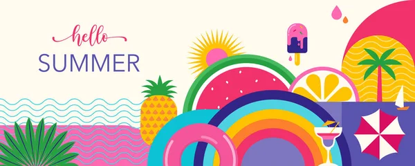 Colorful Geometric Summer Background Poster Spanduk Desain Vektor Promosi Konsep - Stok Vektor