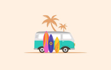 Vintage blue microbus, surf van car with surfboard and palm trees on background. Vector illustration clipart