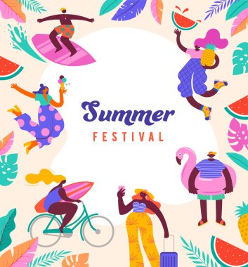 Yaz festivali, yaz indirimi posteri, modern tarz karakterler, yazın insanlar. Yüzmek, seyahat etmek, sörf yapmak, kumsalda ve bilardoda eğlenmek. Vektör illüstrasyonları