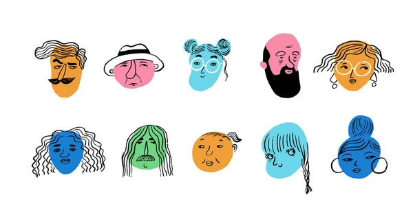 五彩斑斓的多样性现代风格 有趣的面孔 人物和形象 手绘矢量图解 — 图库矢量图片