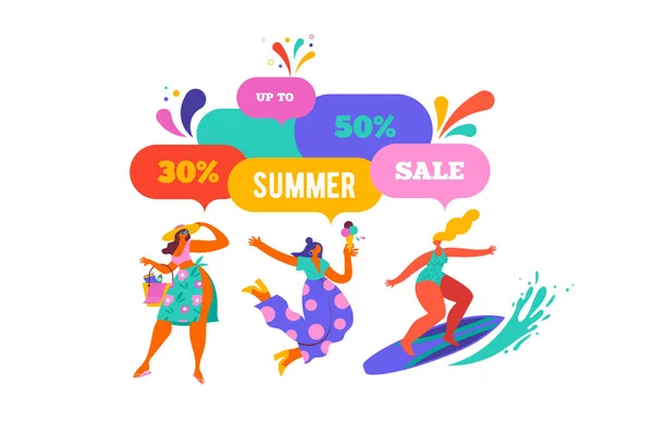 夏祭り 夏の販売ポスター 現代的なスタイルの文字 夏の人々 サーフィン ビーチやプールで楽しみましょう ベクターイラスト — ストックベクタ
