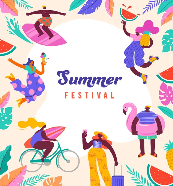 stock vector Summer festival, summer sale poster, modern style characters, people at summer. Swimming, traveling, surfing, making fun on beach and pool. Vector illustrations