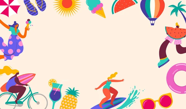Sammlung Farbenfroher Moderner Charaktere Menschen Sommer Schwimmen Reisen Surfen Spaß — Stockvektor