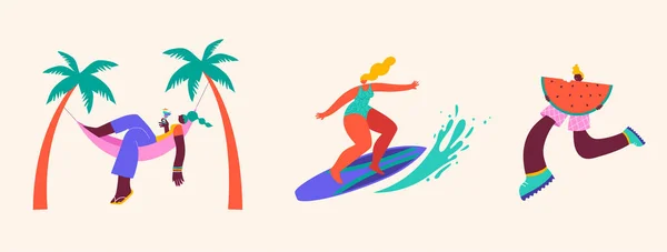 Coleção Personagens Coloridos Estilo Moderno Pessoas Verão Nadar Viajar Surfar —  Vetores de Stock