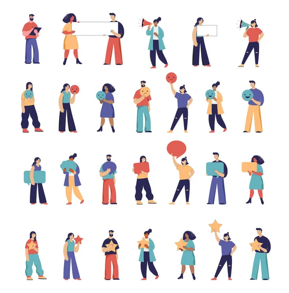 Sammlung Von Menschen Illustrationen Männer Und Frauen Mit Sprechblasen Feedback — Stockvektor