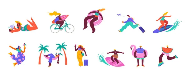 Sammlung Farbenfroher Moderner Charaktere Menschen Sommer Schwimmen Reisen Surfen Spaß — Stockvektor