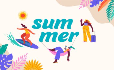 Yaz dönemi. Hummock yapan, sörf yapan ve seyahat eden bir kadın. Renkli, modern tarz pankart. Yaz eğlencesi, yaz sahili konsepti tasarımı