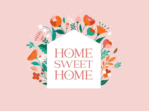 Home Illustration Flowers Pattern Home Sweet Home Family Sign Wall — Stock Vector