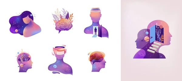 心理学 精神保健のコンセプトコレクションのイラスト 脳神経科学と創造的な心のポスターをカバーします ベクトルデザイン — ストックベクタ