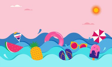 Renkli Geometrik Yaz Arkaplanı, poster, afiş. Yaz zamanı eğlence konsepti tasarım promosyon vektörü tasarımı