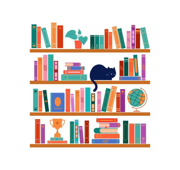 Bookshelf 일러스트 책꽂이 고양이 책들이 있습니다 — 스톡 벡터