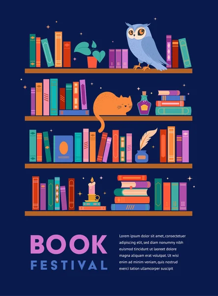 Bücherregal Voller Magischer Symbole Konzeptillustration Viele Bücher Regal Giftflasche Katze — Stockvektor