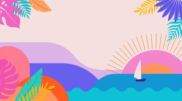 カラフルな幾何学的な夏の風景背景 ポスター バナー 夏の時間楽しいコンセプトデザインプロモーションベクトルデザイン — ストックベクタ
