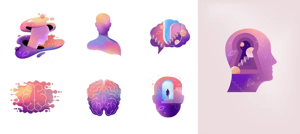 Psychology Dream Mental Health Concept Collection Illustrations Afiche Cerebro Neurociencia — Vector de stock