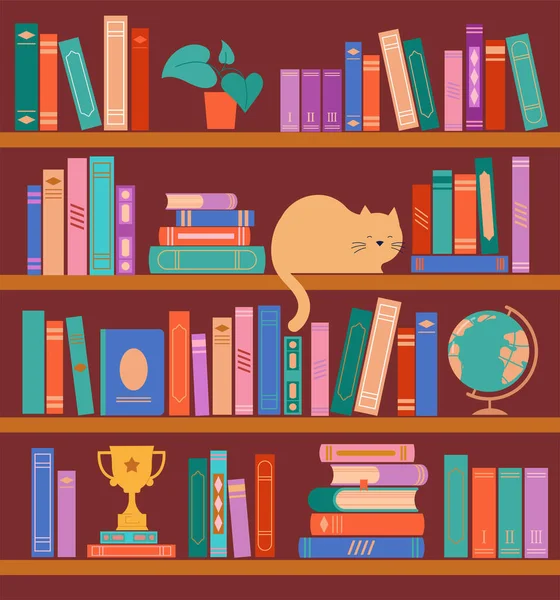 Bokhylla Koncept Illustration Många Böcker Hyllan Klockan Katten Växten Och — Stock vektor