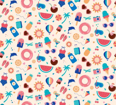 Tatil ikonları ve grafik elementlerle yaz arkaplanı. Yaz plajı pürüzsüz deseni. Vektör illüstrasyonu.