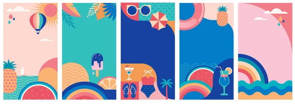 垂直ソーシャルメディア夏の物語テキストのためのコピースペースを持つ幾何学的なデザインテンプレート バナー グリーティングカード ポスター 広告の背景 夏の波の概念 ベクターイラスト — ストックベクタ