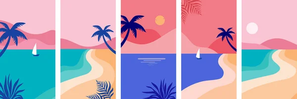 垂直ソーシャルメディア夏の物語は テキストのためのコピースペースを持つテンプレートを設計します バナー グリーティングカード ポスターや広告のための熱帯風景の背景 夏の波の概念 ベクトル — ストックベクタ