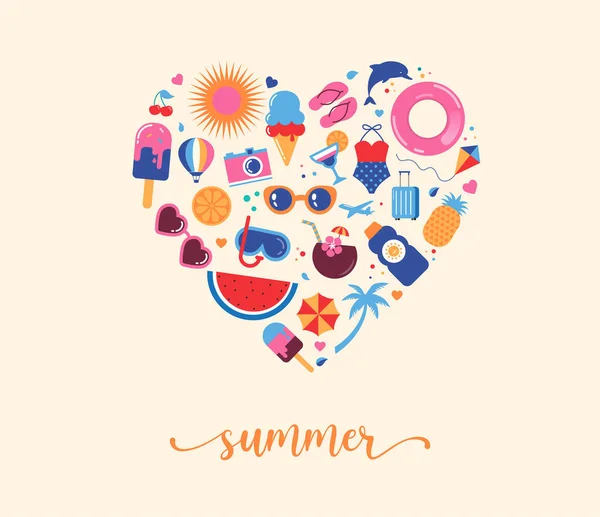 Літній Час Вібрує Дизайн Серця Милими Літніми Пляжними Каракулями Іконами — стоковий вектор