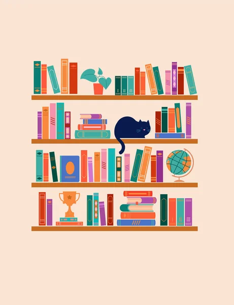stock vector Bookshelf concept illustration. A lot of books on the shelf, clock, cat, plant and globe. Vector design