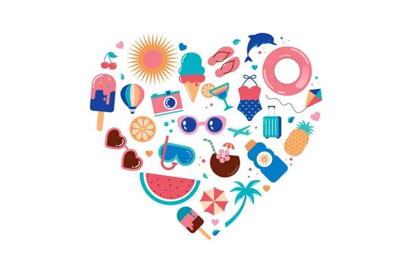 Літній Час Вібрує Дизайн Серця Милими Літніми Пляжними Каракулями Іконами — стоковий вектор