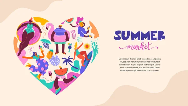 Design Coração Mercado Verão Com Doodles Férias Bonitos Ícones Sinta —  Vetores de Stock