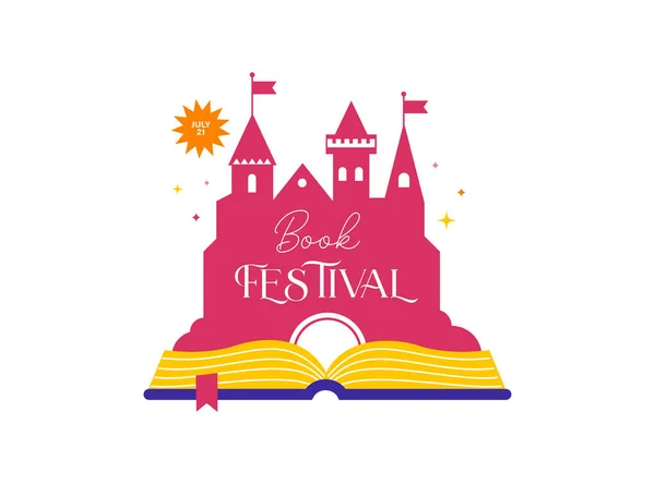 オープンブックやおとぎ話の城とフェスティバルのロゴや背景を予約します ベクターイラスト — ストックベクタ