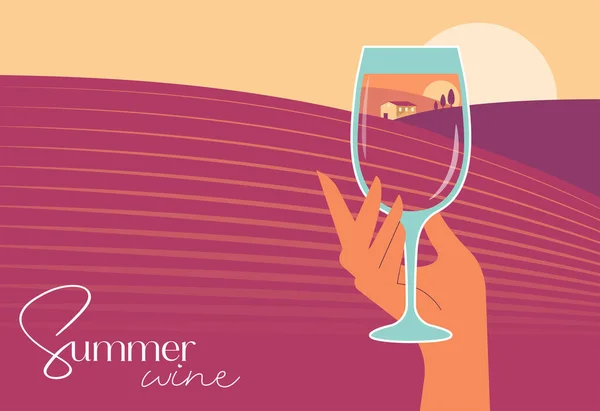 Summer Wine Concept Hand Holding Glass Purple Vineyard Landscape Background — Stock Vector