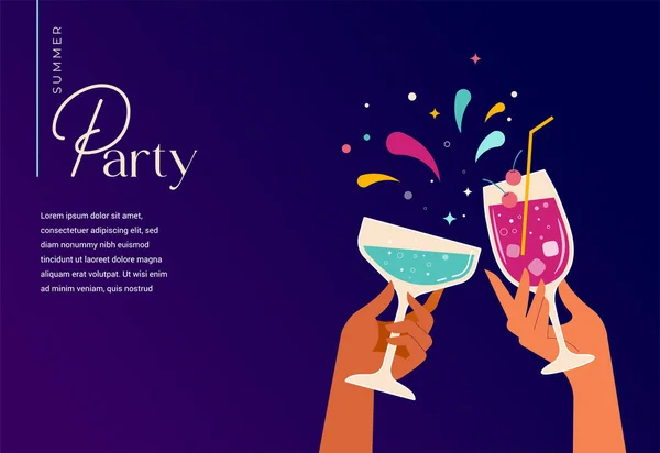 Summer Party Template Design Hands Holding Cocktail Wine Glasses Anniversary — Stock Vector