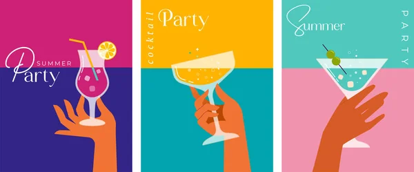 現代のフラット夏のビーチパーティーのポスターやソーシャルメディアストーリーのデザインテンプレート 海を背景にカクテルグラスを手に持ちます お祝いのポスターコンセプトとウェブバナー ベクターイラスト — ストックベクタ