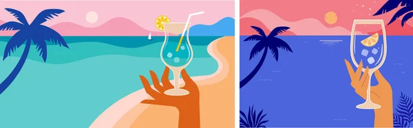 夏のビーチパーティー現代的なフラットチラシのデザインテンプレート 海の風景の背景にカクテルやワイングラスを保持手 お祝いのポスターコンセプトとウェブバナー ベクターイラスト — ストックベクタ