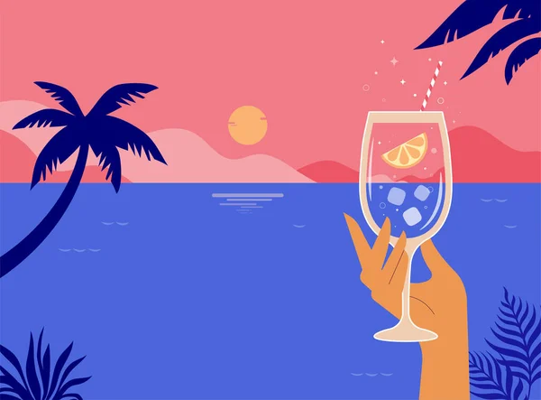 モダンなフラット夏のビーチパーティーチラシのデザインテンプレート 手を海の風景の背景にカクテルグラスを保持 日没のお祝いのポスターコンセプトとWebバナー ベクターイラスト — ストックベクタ