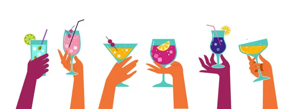 モダンなフラット夏のパーティーポスターデザインテンプレート カクテルグラスを手にしたカラフルな背景 お祝いのポスターコンセプトとウェブバナー ベクターイラスト — ストックベクタ