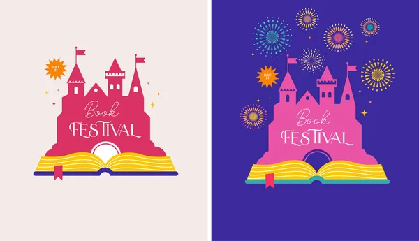 Βιβλίο Φεστιβάλ Λογότυπο Και Φόντο Ανοιχτό Βιβλίο Και Παραμύθι Κάστρο — Διανυσματικό Αρχείο