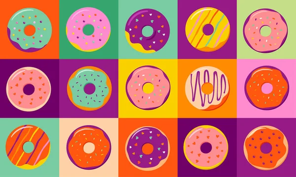 Donuts Patrón Colorido Fondo Bandera Iconos Ilustraciones Colección — Vector de stock