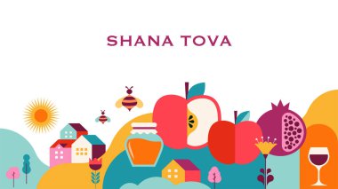 Rosh Hashanah background, banner, flat geometric graphic style. Shana Tova, Happy Jewish New Year, concept vector design clipart