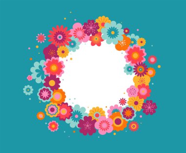 Çiçek çelengi, doğum günü, yıldönümü, bahar ve yaz satışı tasarımı bir sürü renkli çiçek. Vektör illüstrasyonu ve konsept tasarımı