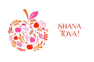 Rosh Hashanah arka planı, çiçekli, çiçekli, elmalı ve narlı çiçek pankartı. Shana Tova, Mutlu Yahudi Yeni Yılı, konsept vektör tasarımı