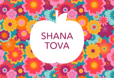 Rosh Hashanah arkaplan, çiçek desenli pankart ve elmalar. Shana Tova, Mutlu Yahudiler Yılbaşı, konsept vektör tasarımı, illüstrasyon
