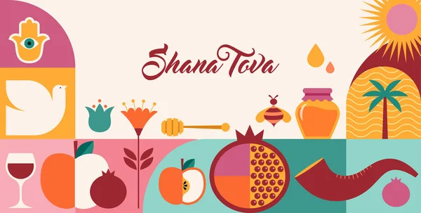 Rosh Hashanah背景 横幅与图标平面几何图形风格 Shana Tova 犹太新年快乐 概念矢量设计 — 图库矢量图片