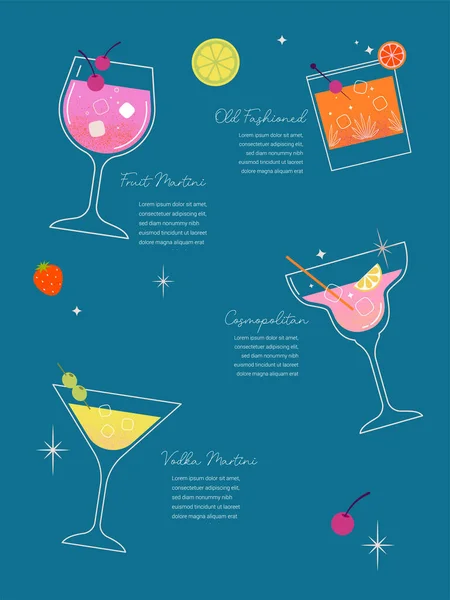 Moderne Collection Cocktails Été Plat Fond Coloré Avec Des Verres — Image vectorielle