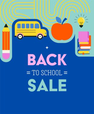 Canlı Renkli Okula Dönüş konsept tasarımı. Geometrik düz çizim, afiş ve poster. Okul malzemeleri ve sarı otobüs vektör illüstrasyonu